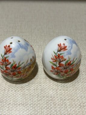 Hand-Painted Ceramic Floral Salt & Pepper Shakers - White with Orange Flowers